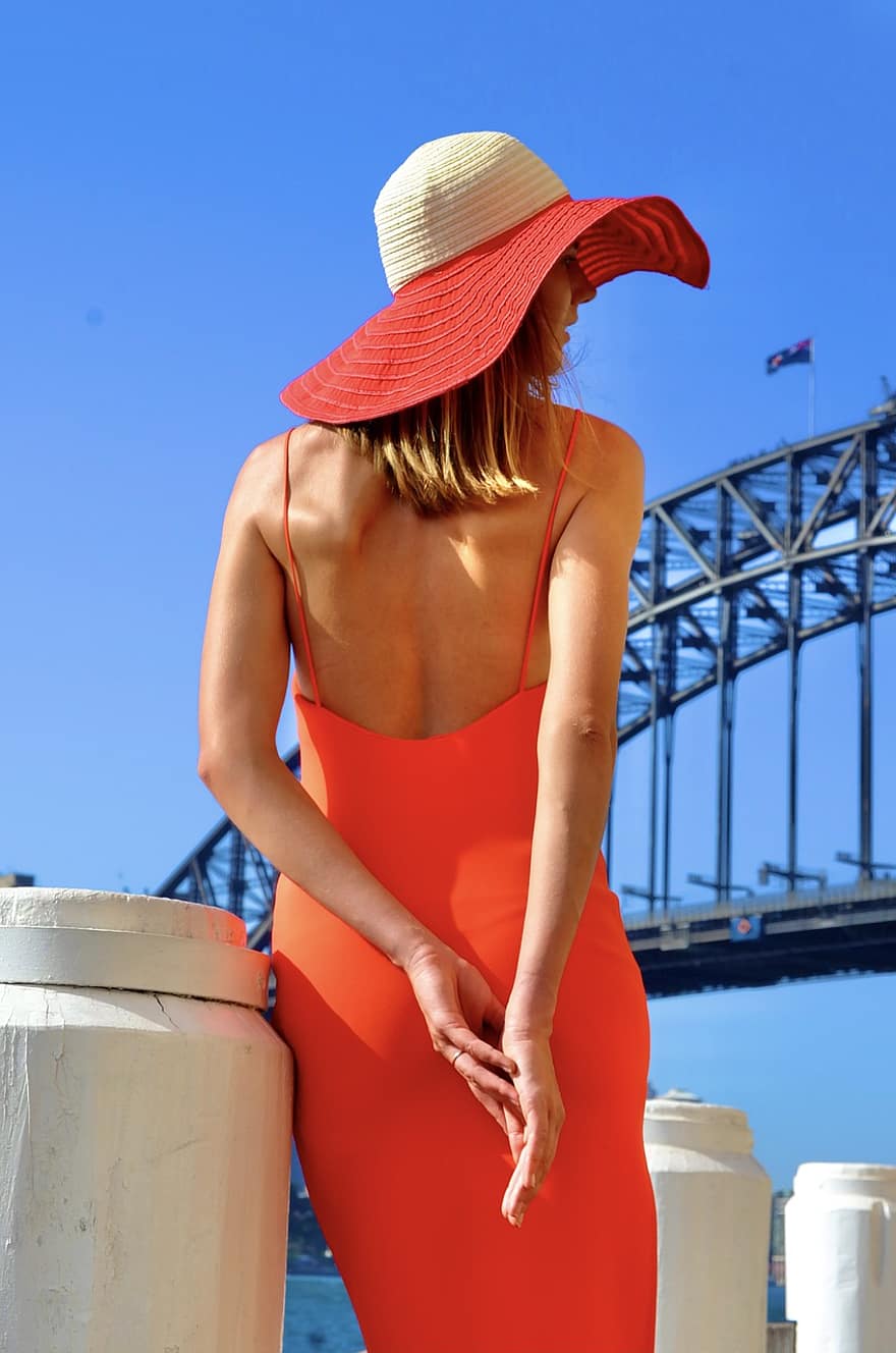 vakker, elegant, ryggløse, modell, Kate gren, Gintare Val, oransje, blå, Sydney Harbor Bridge, kvinner, sommer