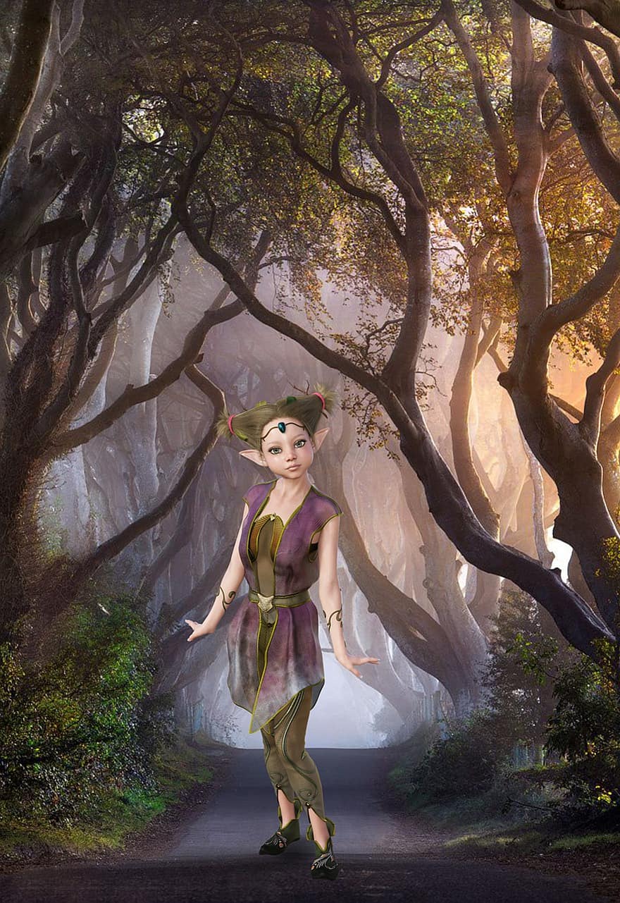 fons, bosc, arbres, camí, elf, fantasia, femella, personatge, art digital