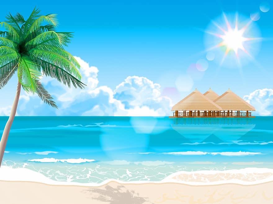 plaża, Pływające chaty, morze, chaty, ocean, woda, niebo, chmury, słońce, światło słoneczne, piasek