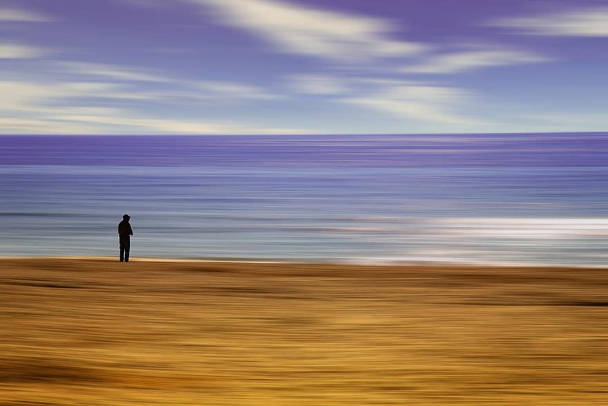 hombre, playa, borroso, mar, España, hombres, puesta de sol, azul, adulto, una persona, paisaje
