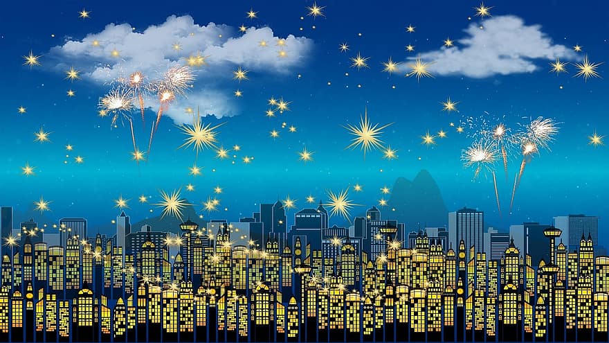 Frohes neues Jahr, Urlaub, Parteien, glücklich, Star, Feuerwerk