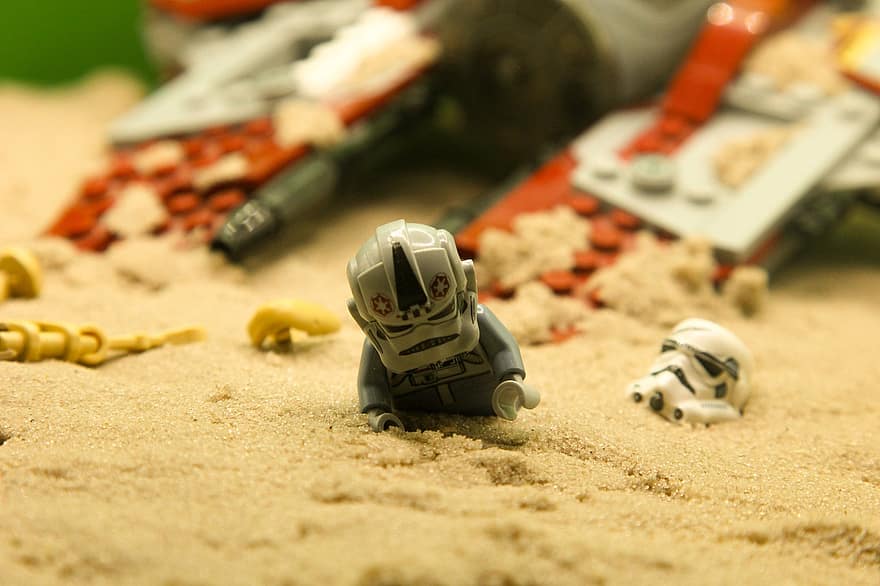 lego, jouet, enfant, le sable, guerres des étoiles, vaisseau spatial, Jedi, désert, droïde, robot, homme