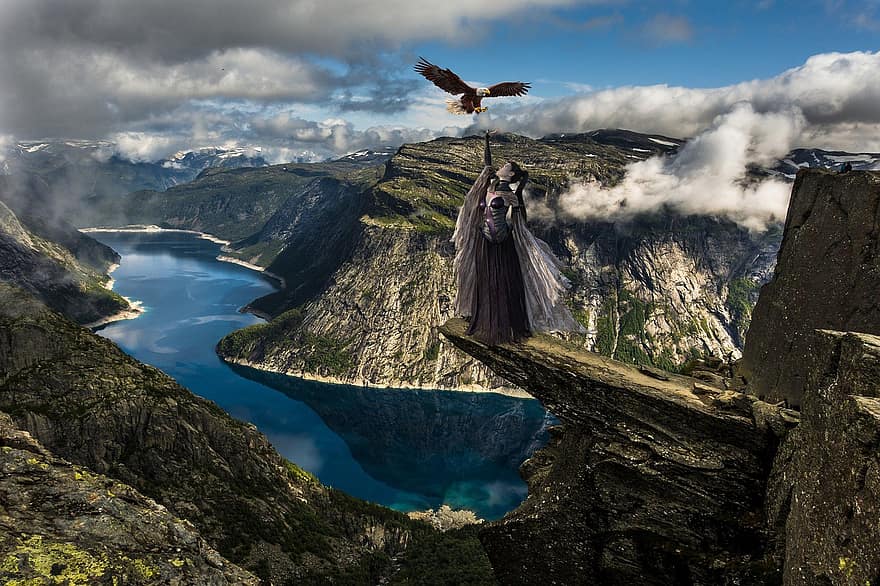Background, Mountains, River, Wizard, Eagle, Fantasy, Female, Character, Digital Art, mountain, cliff