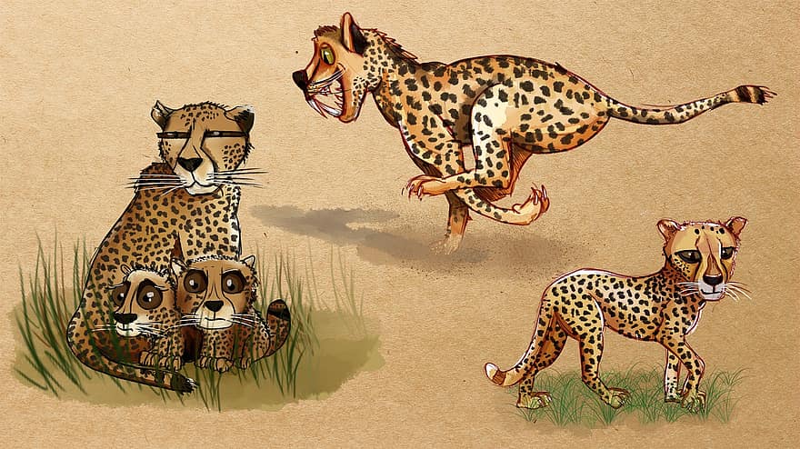 гепард, бежать, кошка, котята, котенок, милый, животные, кошачий, Дети, пушистый, млекопитающее