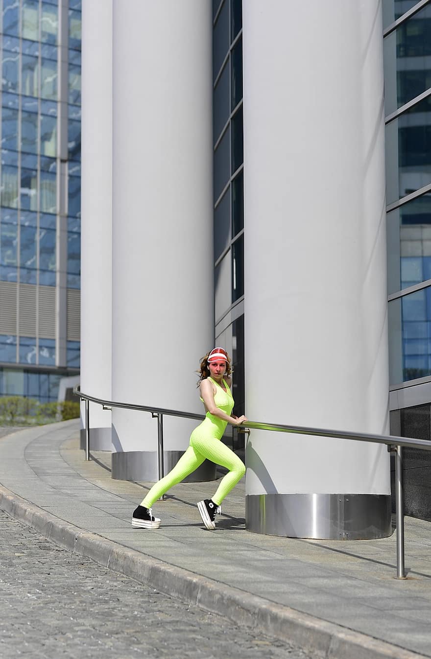 Young Woman, Sports, Tracksuit, Pose, Posing, Fitness, Costs, Woman, Modern Architecture, Metropolis, City