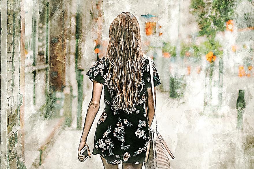 Digital Painting, Girl, Blonde, Walking, Back, In The City, Fashion, Model