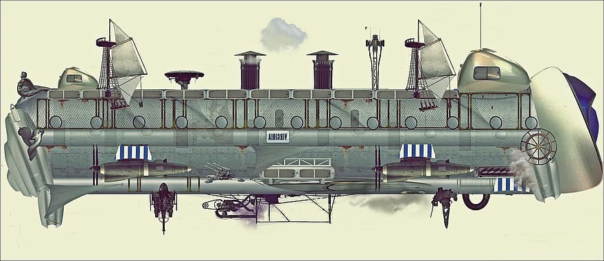dirigible, steampunk, fantasia, Dieselpunk, Atompunk, ciència ficció, vapor, transport, il·lustració, indústria, vector