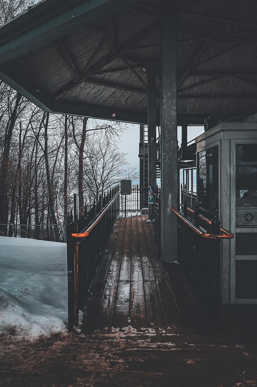 togstasjon, vinter, årstid, utendørs, snø, Québec, tre, arkitektur, gammel, forlatt, bygget struktur