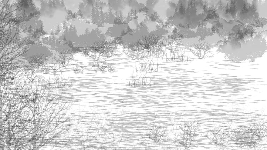 Landscape, Forest, Nature, Trees, Painting, Drawing, tree, backgrounds, no people, winter, snow