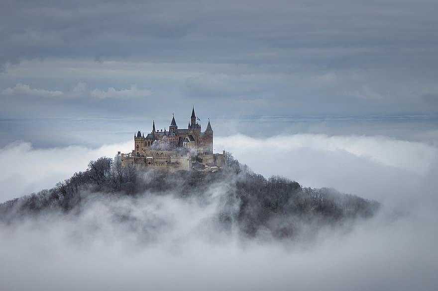 Château, brouillard, historique, point de repère, gel, hiver, endroit célèbre, christianisme, architecture, religion, paysage