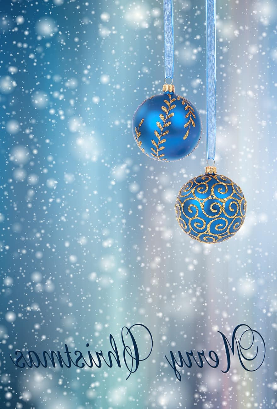 рождество, поздравительная открытка, снег, синий, боке, снежинки, мячи, ювелирные изделия, английский, счастливого Рождества, зима