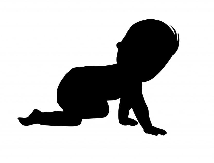 niemowlę, chłopak, chłopczyk, czołganie się, czarny, sylwetka, zarys, kształt, uroczy, sztuka, biały