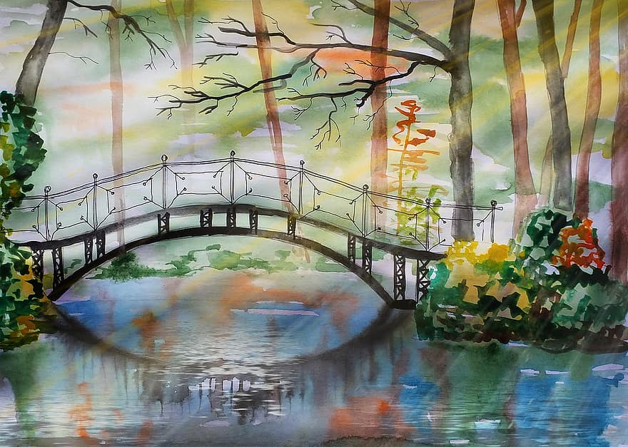 tiltas, miškas, tvenkinys, upė, ežeras, akvarelė, kraštovaizdį, obliavimo staklės, medžiai, parkas, šviesa