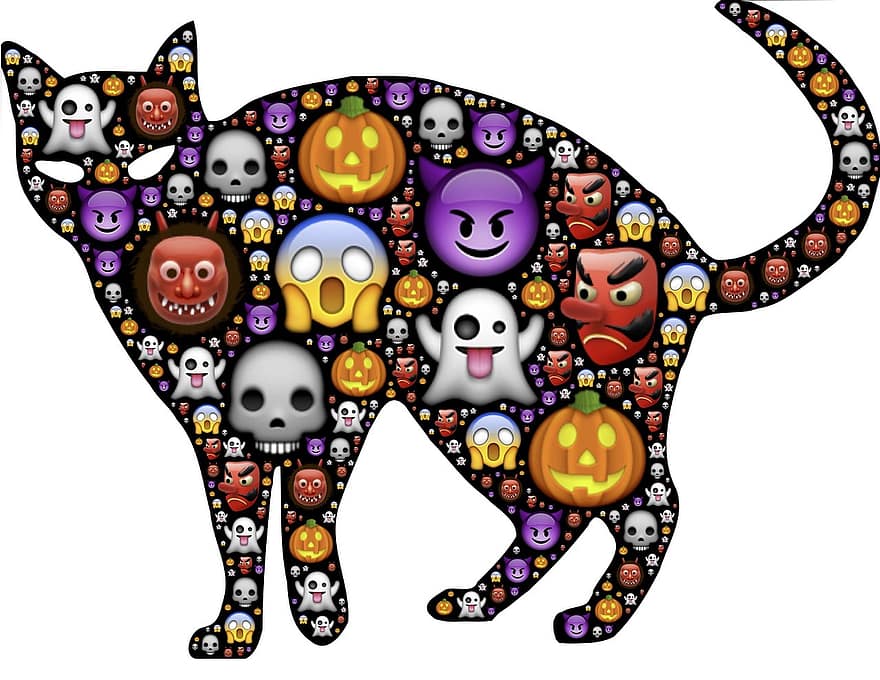 gato, dia das Bruxas, emoji, assustador, Assustador, ícones, símbolo, feriado, celebração, Preto, Sombrio