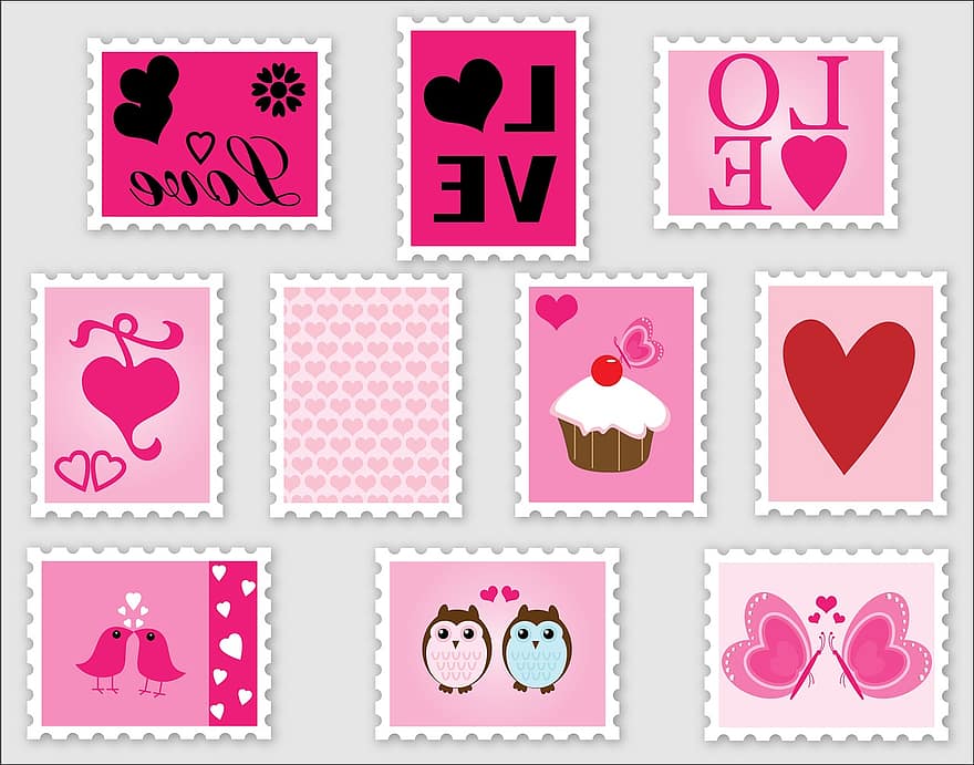 愛、ロマンス、切手、送料、バレンタイン、バレンタイン・デー、心、フクロウ、可愛い、気まぐれな、ピンク
