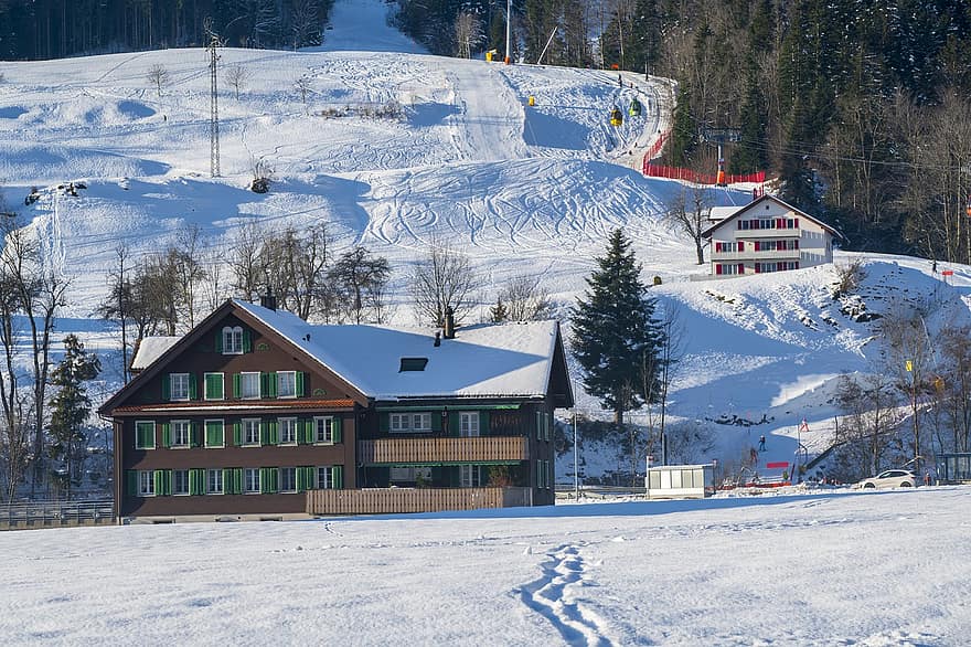 vinter, by, Schweiz, sne, bakke, huse, landskab, snedækket, udendørs, bjerg, sport