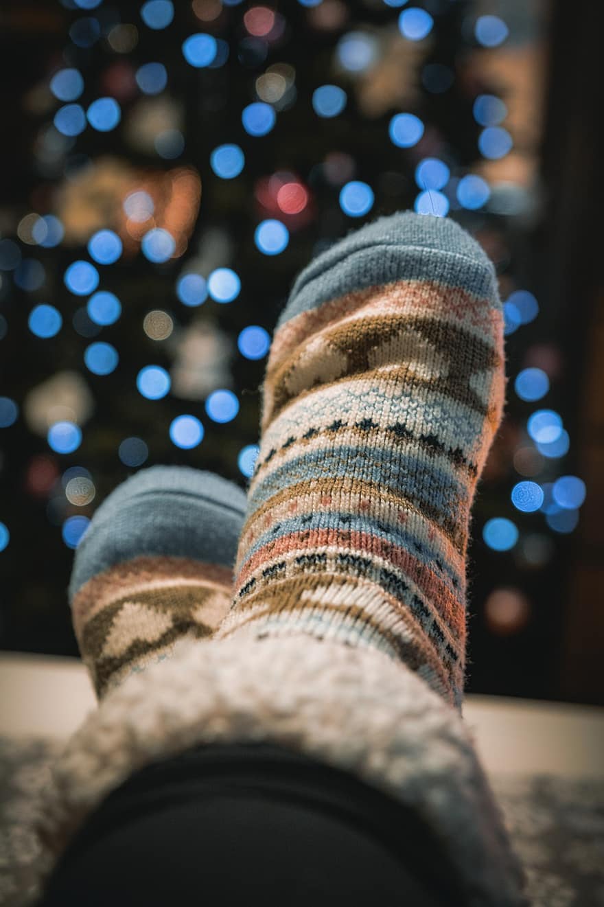 sokken, warm, winter kleding, kerstlichten, komst, vakantie, Kerstmis, gloeiend, ontspannend, avond