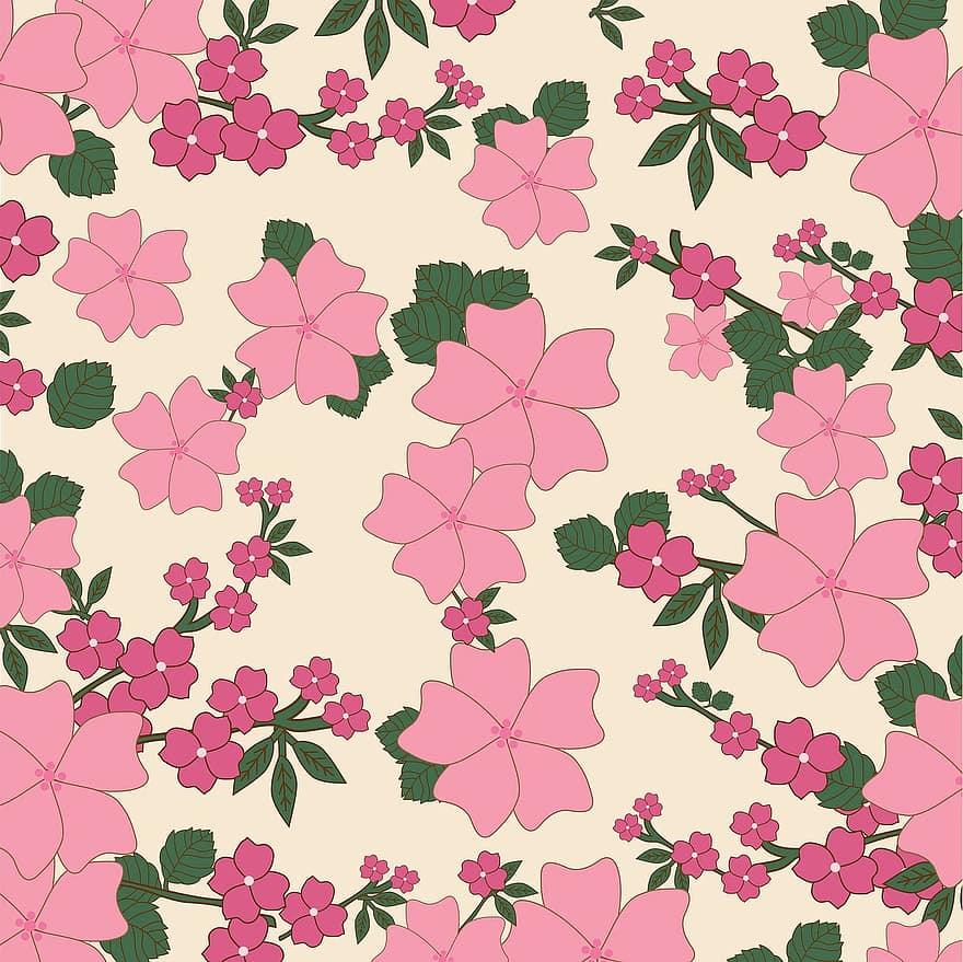 Floral, Vintage, Flowers, Wallpaper, Background, Pink, Green, Leaves, Art, Pattern, Design