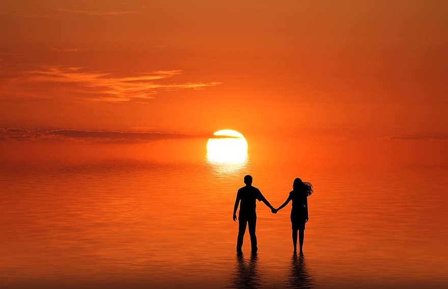 cuplu, plajă, apus de soare, romantic, siluete, împreună, se țin de mâini, Iubit iubita, om, femeie, iluminare din spate