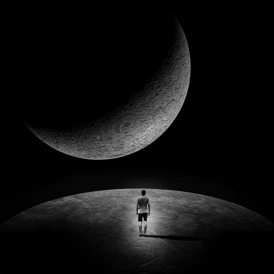людина, місяць, місячне світло, ніч, смуток, силует, поодинці, самотня, настрій, похмурий, самотність