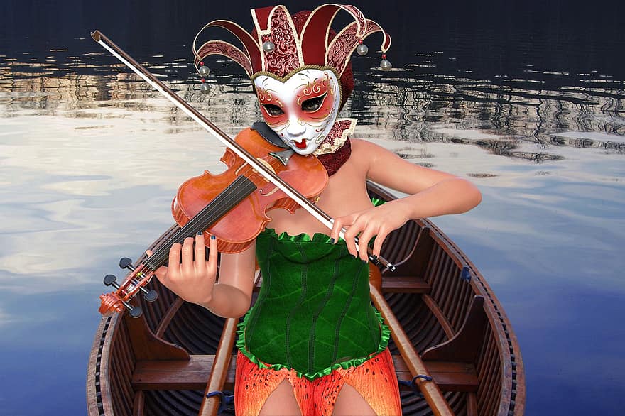 дурачить, скрипач, лодка, женщина, музыкант, озеро, маскировать, лицо, скрипка, карнавал, маскарад