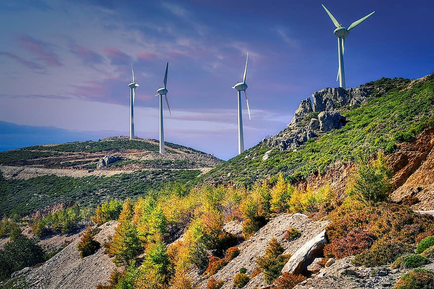 větrné mlýny, hory, větrná farma, větrné turbíny, Větrná elektrárna, větrné elektrárny, větrná energie, generátor elektřiny, energie, ekologie, krajina