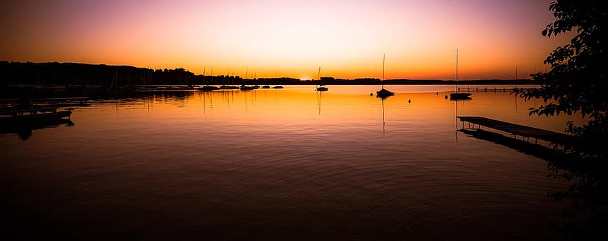 lago, puesta de sol, velero, naturaleza, al aire libre