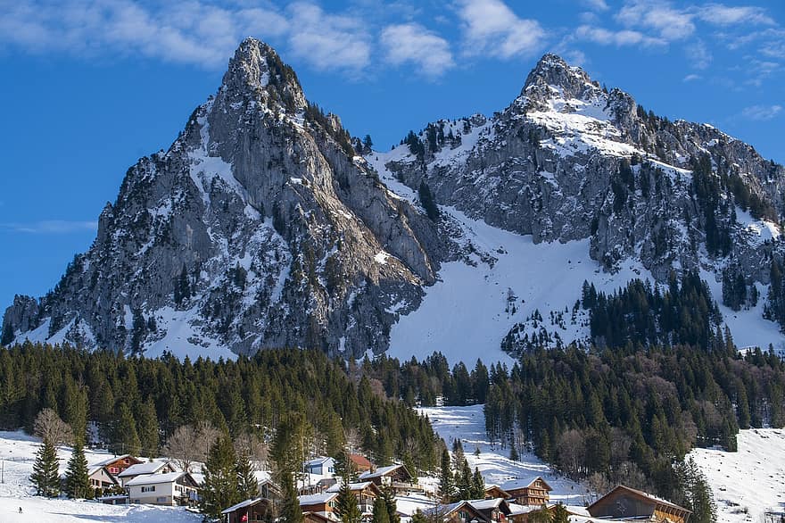 núi, làng, mùa đông, tuyết, những ngôi nhà, cây, trượt tuyết, alps, thị trấn, brunni, bang schwyz