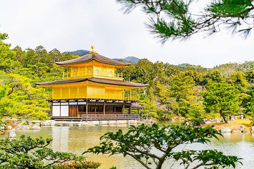 павилион, езеро, пагода, дървета, Кинкаку-джи, златист, Киото, Япония, архитектура, забележителност