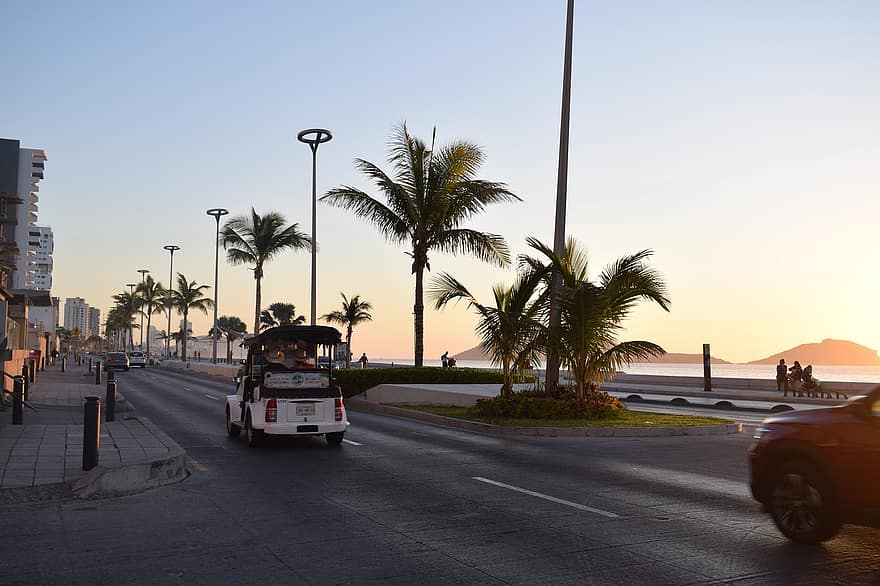 Road, Coast, Travel, Tourism, Mazatlan, Sunset, Palms, Island, Beach, car, transportation