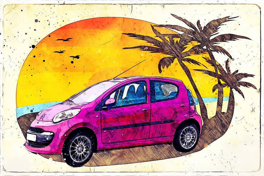 autó, tropikus, citroen, merészel, Művészet, rajz, vázlat, vakáció, jármű, vízfestmény, szárazföldi jármű