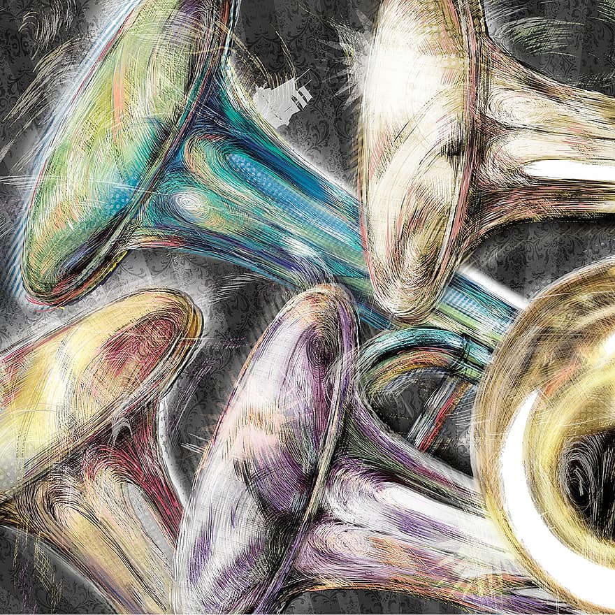 trompet, trombone, messing instrument, messing, megafon, blåsere, instrument, musikk, musiker, gloss, festlig