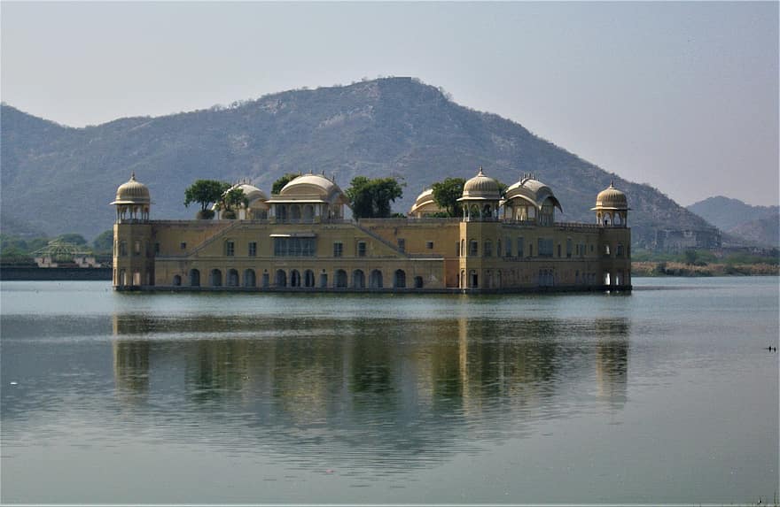 palatsi, järvi, Intia, Jaipur, maamerkki, arkkitehtuuri, julkisivu, ulkopuoli, heijastus, veden heijastus, matkustaa
