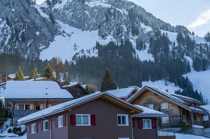 บ้าน, หมู่บ้าน, ฤดูหนาว, หิมะ, รอยเท้า, กองหิมะที่ถูกลมพัดมากองไว้, ภูเขาแอลป์, ตัวเมือง, Brunni, ตำบลของ schwyz, ประเทศสวิสเซอร์แลนด์