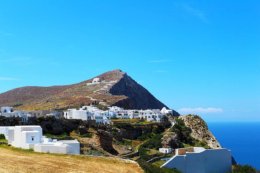montanha, aldeia, folegandros, ilha, edifícios brancos, casas, céu, cênico, Mediterrâneo, cyclades, Grécia