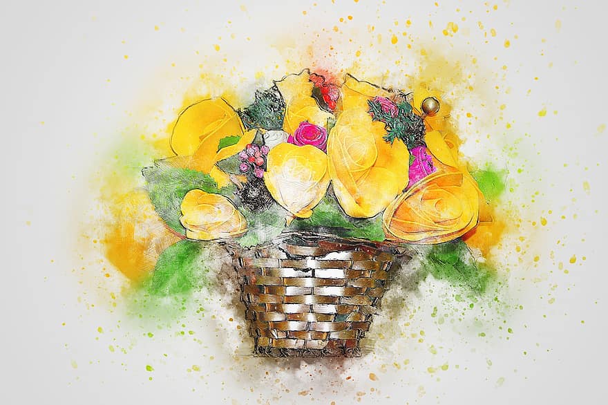 Flowers, Bouquet, Basket, Art, Nature, Abstract, Watercolor, Vintage, Spring, Romantic, Artistic