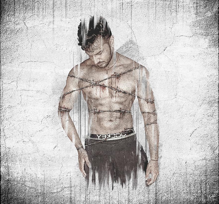Man, Male, Human, Person, Model, Barbwire, Young, Muscular, Fitness, Digital Manipulation