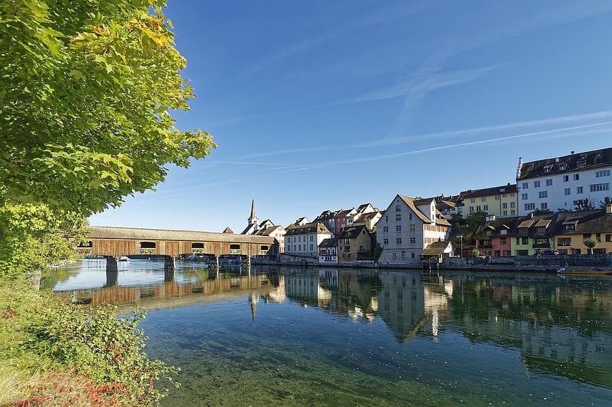 Швейцария, Diessenhofen, Мост через Рейн Диссенхофен-Гайлинген, Rheinbrücke, рейн, течь, исторический центр, исторический, строительство, мост, деревянный мост