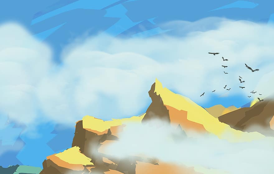 Berge, Wolken, Vögel, Landschaft, Höhe, Hintergrund