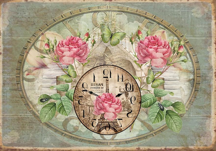 årgang, blomst, ur, tid, gammeldags, illustration, gammel, dekoration, baggrunde, antik, design