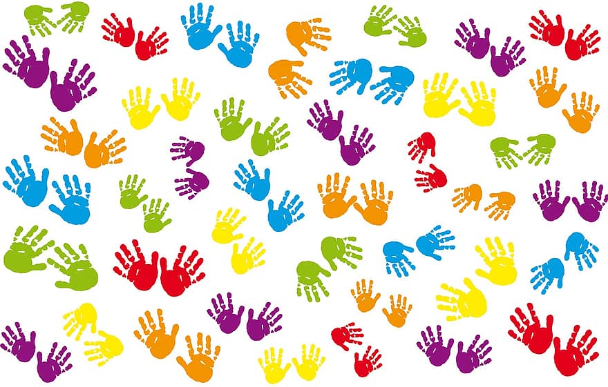 Kinderhände, Handabdrücke, Hände, Hintergrund, Kindertapete, Geschenkpapier für Kinder, menschliche Hand, mehrfarbig, Vektor, menschlicher Finger, Handabdruck