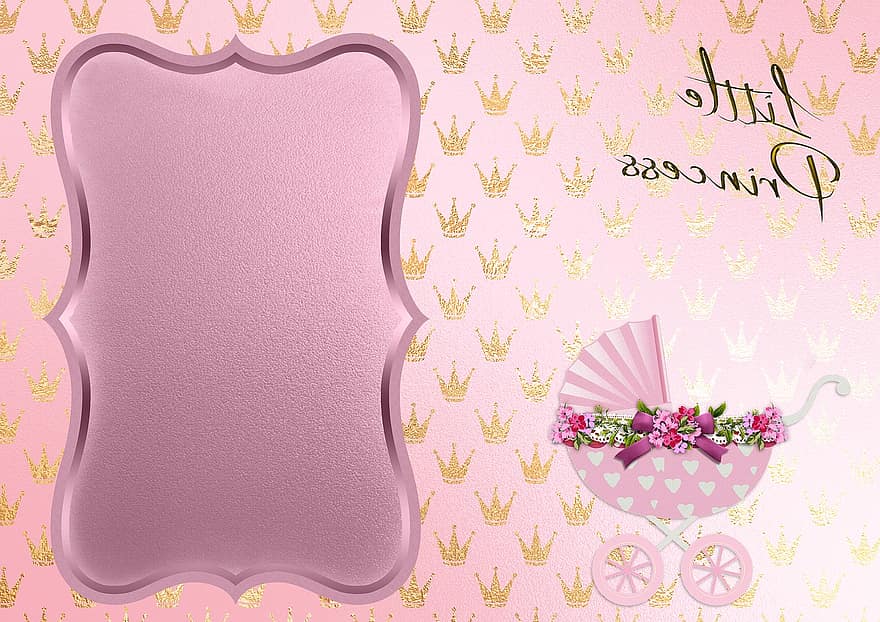 Background Image, Gold, Baby Carriage, Baby, Little Princess, Pink, Frame, Flowers, Glitter, Playful, Girl
