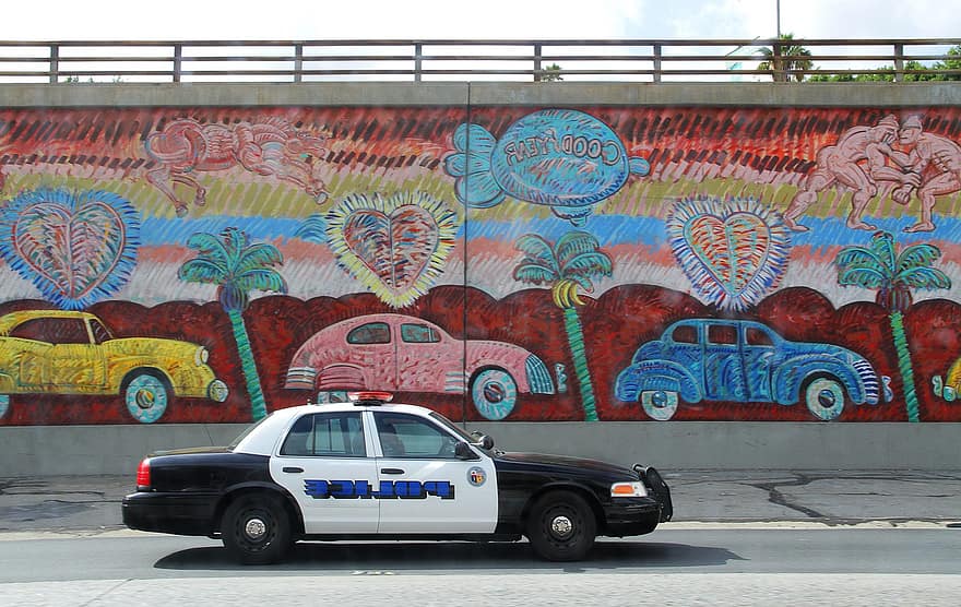 Politie, auto, graffiti, straatkunst, kunst, tekeningen, muurschildering