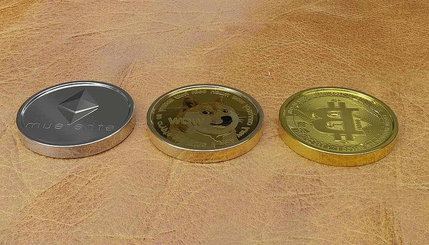 Bitcoin, dogecoin, ethereum, kryptovaluta, penger, digital valuta, blockchain, mynter, finansiere, valuta, gull