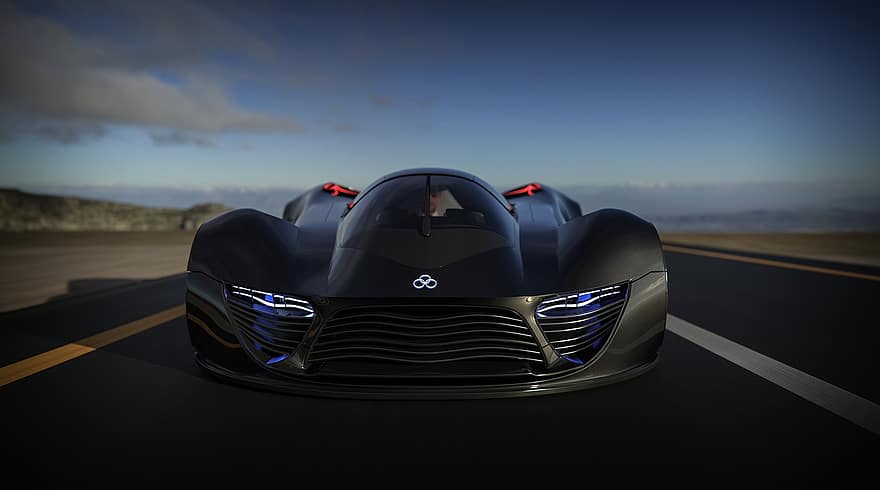 Auto, Futuristisches Auto, 3d gerendert, 3D-Rendering, Fahrzeug, schnelles Auto, Luxusauto, Automobil, Rennauto, schwarzes Auto