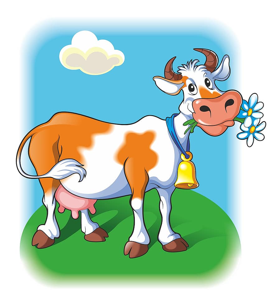 con bò, động vật nhai lại, chuông, những bông hoa, nông trại, đồng cỏ