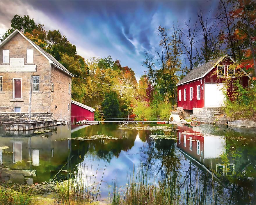 Teich, Häuser, Gebäude, Mühle, Luminar, Niagara-Halbinsel, Herbst, bunt, Himmel, Sturm, Ontario
