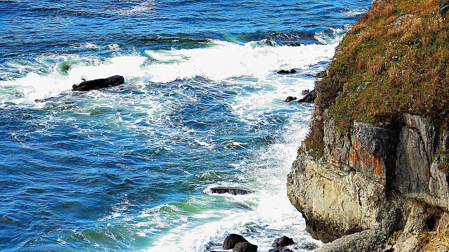 klippa, hav, vågor, kust, stenar, ås, gräs, vatten, våg, kustlinje, blå