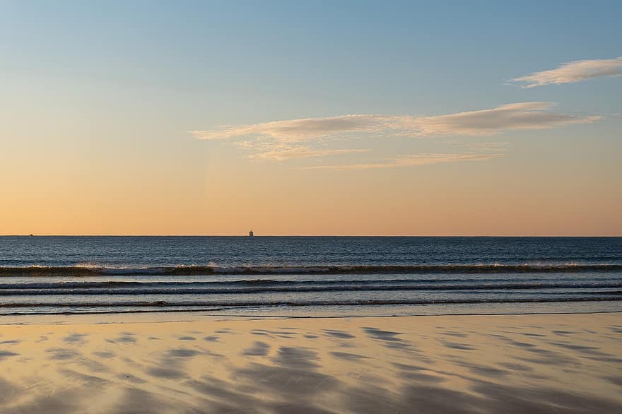 Strand, sand, bølger, solnedgang, gylden time, kyst, horisont