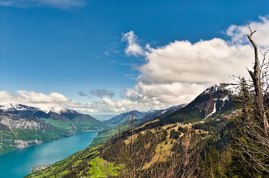 alpejski, góry, jezioro, jezioro Walen, Natura, krajobraz, sceneria, panorama, niebo, chmury, nastrój